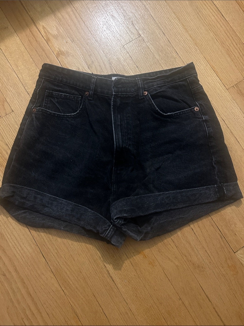 Zara Black Rolled-Hem High-Rise Denim Shorts